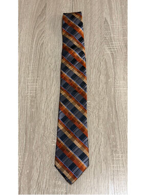 Men’s Arrow Silk Tie Plaid Gray Orange Blue 60x3.25 Classic
 b9